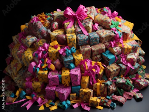 A pile of wrapped presents, with colorful birthday