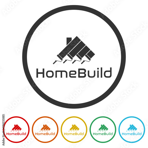 Home Build logo. Set icons in color circle buttons