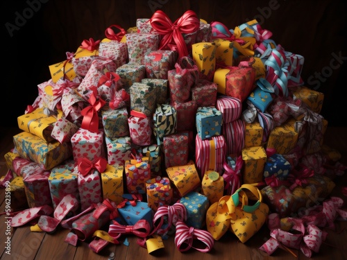 A pile of wrapped presents, with colorful birthday