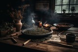 Rustic table, burning charcoal, incense, herbs for cleansing. Sahumar. Keywords: table, charcoal, incense, herbs, cleansing, sahumar. Generative AI