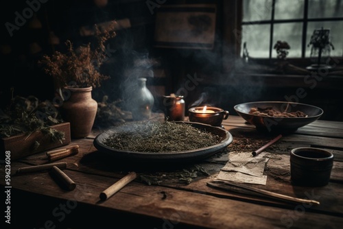 Rustic table, burning charcoal, incense, herbs for cleansing. Sahumar. Keywords: table, charcoal, incense, herbs, cleansing, sahumar. Generative AI