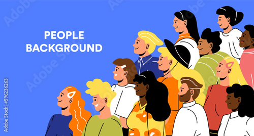 Group of people. Men and women of different races, nationalities and ethnic groups. Tolerance, respect and equality. International holiday postcard. Cartoon flat vector illustration