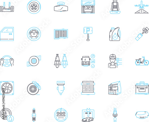 Transportation solutions linear icons set. Commute, Mobility, Logistics, Carpooling, Transit, Routing, Delivery line vector and concept signs. Freight,Transport,Shuttle outline illustrations