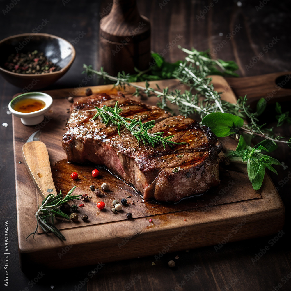 juicy grilled steak with herbs and spices on rustic cutting board. Barbecue juicy grilled steak with herbs and spices on rustic cutting board. Barbecue
