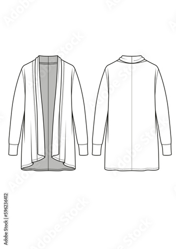 Womenswear activewear athleisure knit cut & sew shawl drape cardigan fashion technical drawing / flat sketch /CAD / ADOBE Illustrator vector digital download