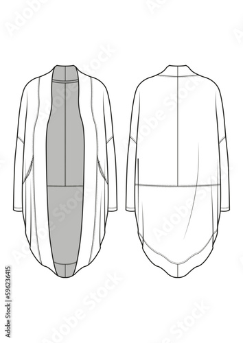 Womenswear activewear athleisure knit cut & sew shawl cardigan fashion technical drawing / flat sketch /CAD / ADOBE Illustrator vector digital download	
