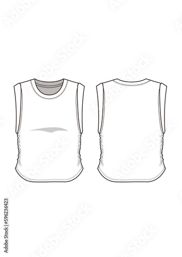 Womenswear crewneck active tank top sleeveless with side ruching fashion technical drawing / flat sketch /CAD / ADOBE Illustrator vector digital download	