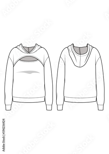 Womenswear fleece french terry cutout detailed hoodie fashion technical drawing / flat sketch /CAD / ADOBE Illustrator vector digital download	
