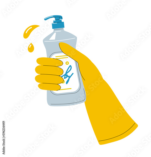 Hand in rubber gloves. Womans hand holds cleaner and surface spray. Cleanliness and hygiene, household chores. Poster or banner for website. Cartoon flat vector illustration