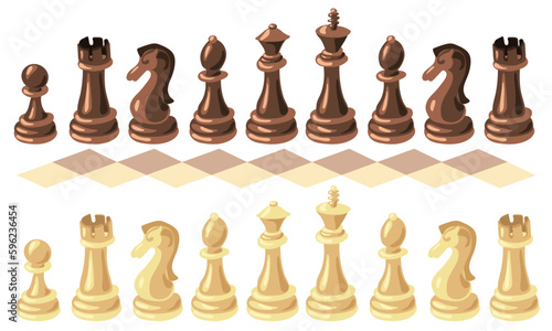A chess set of brown and white pieces with a sketch of a checkered board. Vector illustration. Chess cartoon. Game pieces. Simple wooden chess. Collection of the whole set