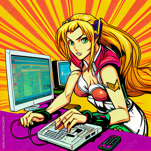 pop art manga girl playing computer games generative AI