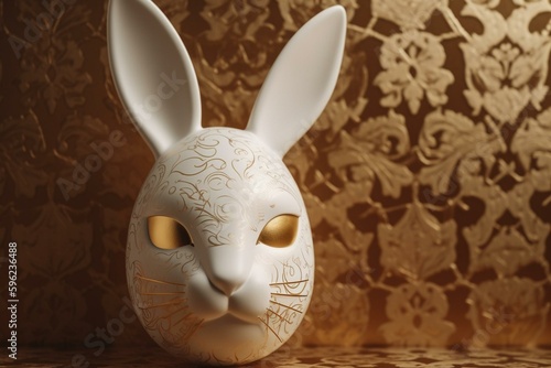 White bunny egg mask & Easter egg pattern banner in retro/gold. Generative AI