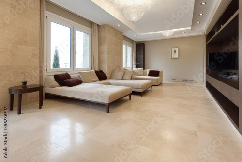 Interior of a beige living room in a travertine home  generative AI