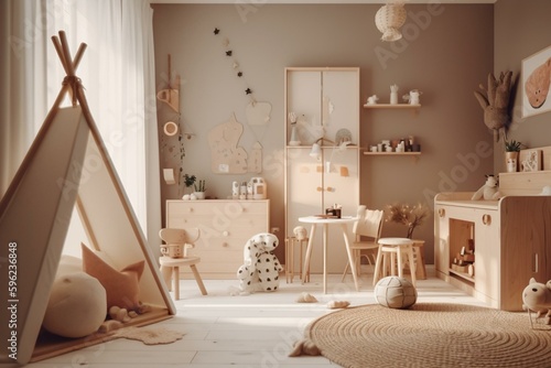 Warm and inviting kids' room with beige tones, rendered in 3D. Generative AI
