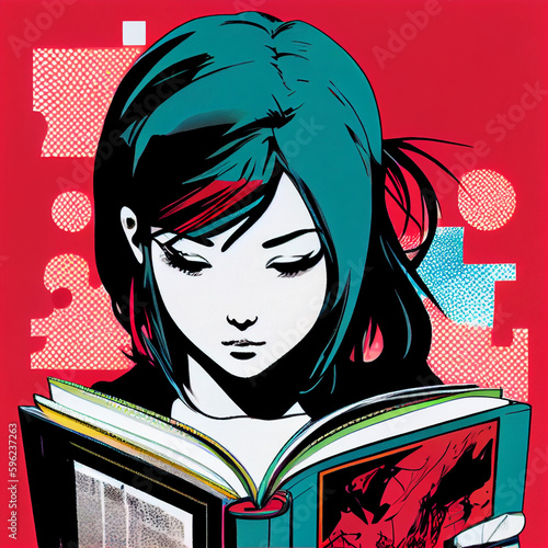 pop art manga girl reading book generative ai © Jacek