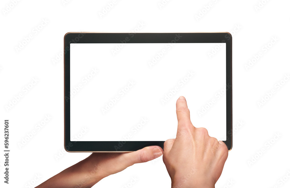 A woman's hand holding and finger pointing to a mobile computer screen, tablet display with a transparent background and display to insert business message. A woman's hand holding and finger pointing to a mobile computer screen, tablet display with a transparent background and display to insert business message.