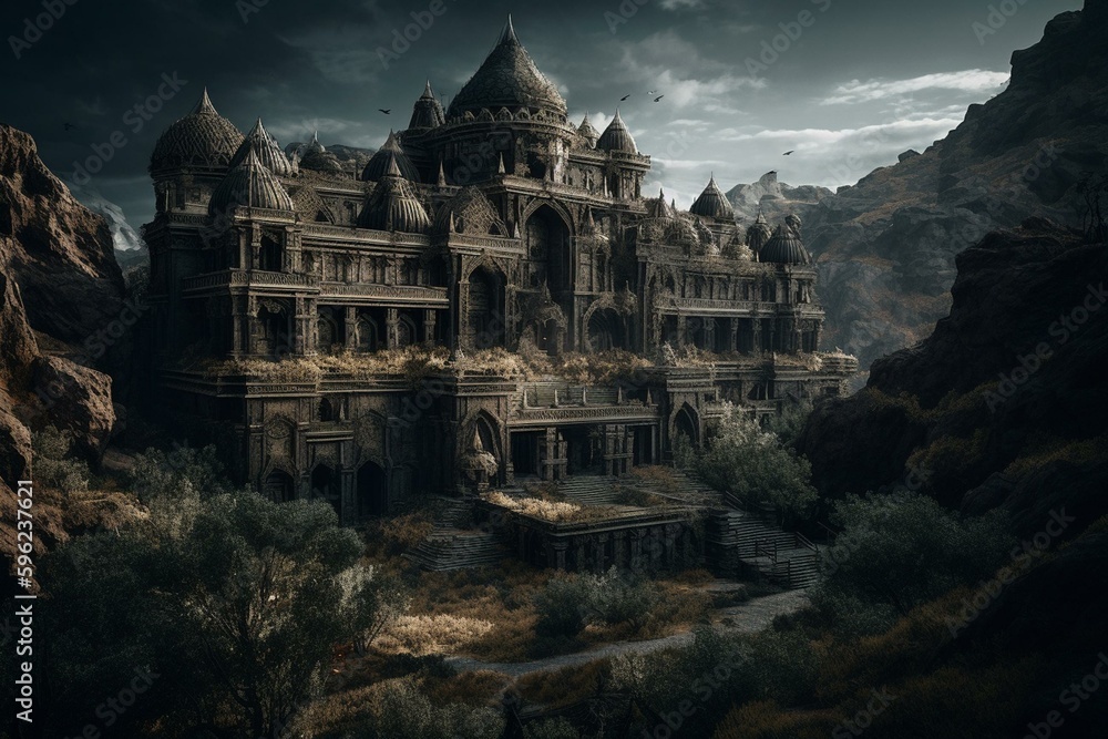 A dark fantasy landscape of a Timurid citadel with intricate architecture. Generative AI