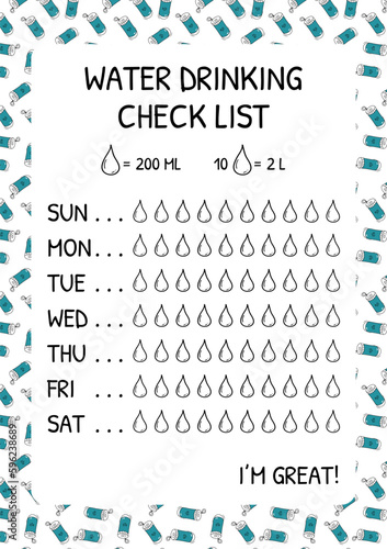 Water tracker vector template. Water drinking checklist with drops. Doodle bootle background. vector illustration. Doodle style.