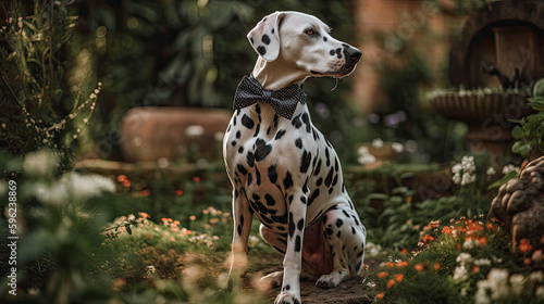 Dapper Dalmatian in a Bowtie Standing in a Garden