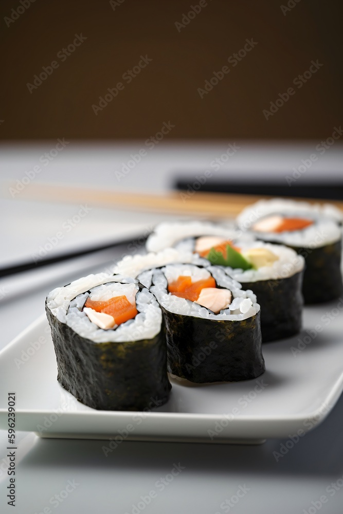 Sushis, Maki, Nigiri, California rolls, dans une assiette blanche, arrière plan clair et flou, illustration culinaire ia générative