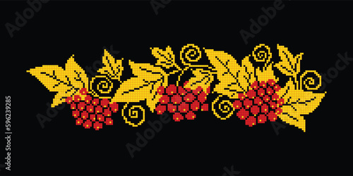 Realistic Cross-Stitch Composition with Guelder Rose. Ethnic Floral Motif, Handmade Stylization. Traditional Ukrainian Red and Black Embroidery. Ethnic Design Element. Vector 3d Illustration