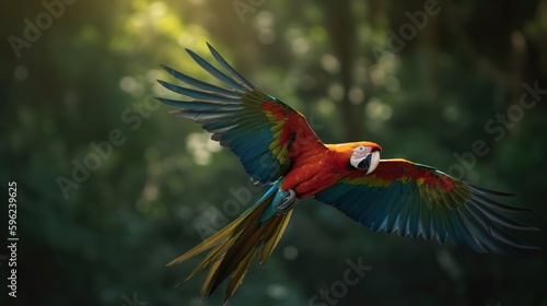 Macaw Parrot in Flight. Generative AI