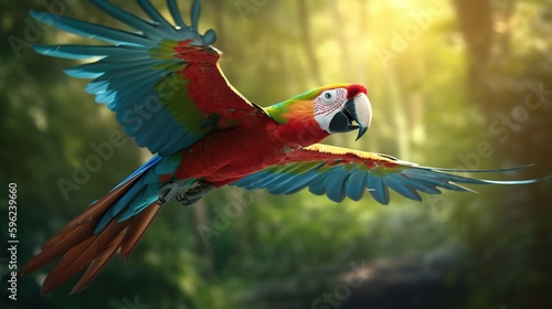 Macaw Parrot in Flight. Generative AI