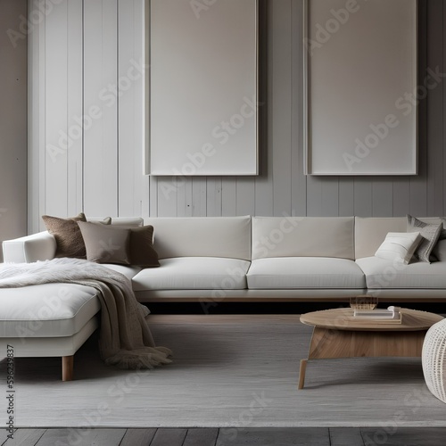 11 A Scandinavian-style living room with a mix of wooden and white finishes, a low sectional sofa, and a mix of textured and solid throw pillows3, Generative AI