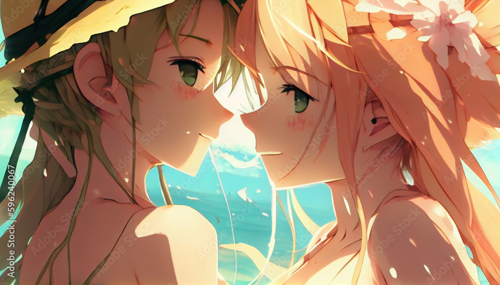 two anime girl in bikini kissing each other generative AI