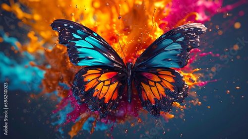 abstract liquid painting digital art full color with beautiful butterfly flying on top of on air liquid background. Generative ai