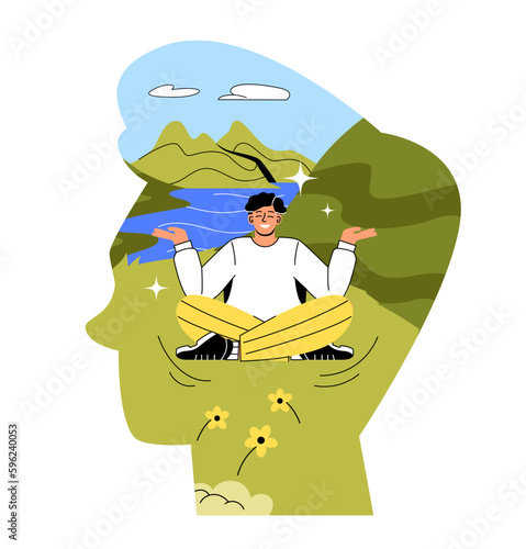 Mental wellness concept. Man sits in lotus position on lawn and meditates. Mental health and psychology. Mindfulness and inner peace, harmony and balance. Cartoon flat vector illustration