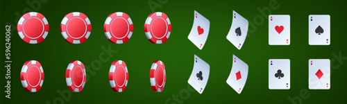 Red casino chip and ace card rotating vector set. Isolated realistic online poker play symbol sequence illustration animation. Gambling playingcards lucky bet with spade and heart icon rotate design.