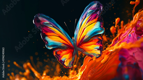 abstract liquid painting digital art full color with beautiful butterfly flying on top of on air liquid background. Generative ai