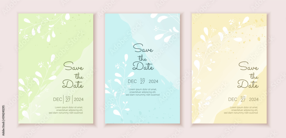 Minimalistic floral backgrounds set. Collection of posters or banners with plants. Greeting and invitation postcard template with flowers. Flat vector illustrations isolated on beige background