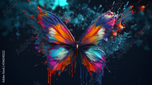 abstract liquid painting digital art full color with beautiful butterfly flying on top of on air liquid background. Generative ai © DamasYudhistira