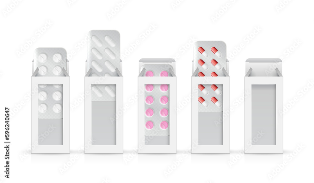 Medical drugs in open white box. realistic mock up of pharmacy package, round and oval pills and tablets in blank carton packs. template of medicaments wrapping. vector design. Medical drugs in open white box. realistic mock up of pharmacy package, round and oval pills and tablets in blank carton packs. template of medicaments wrapping. vector design.