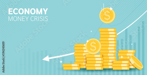 Economy money crisis. financial instability, risky situation or economic recession, crisis or bankruptcy concept, investor falling from stack of unstable money. arrow graphs fall down. vector design.