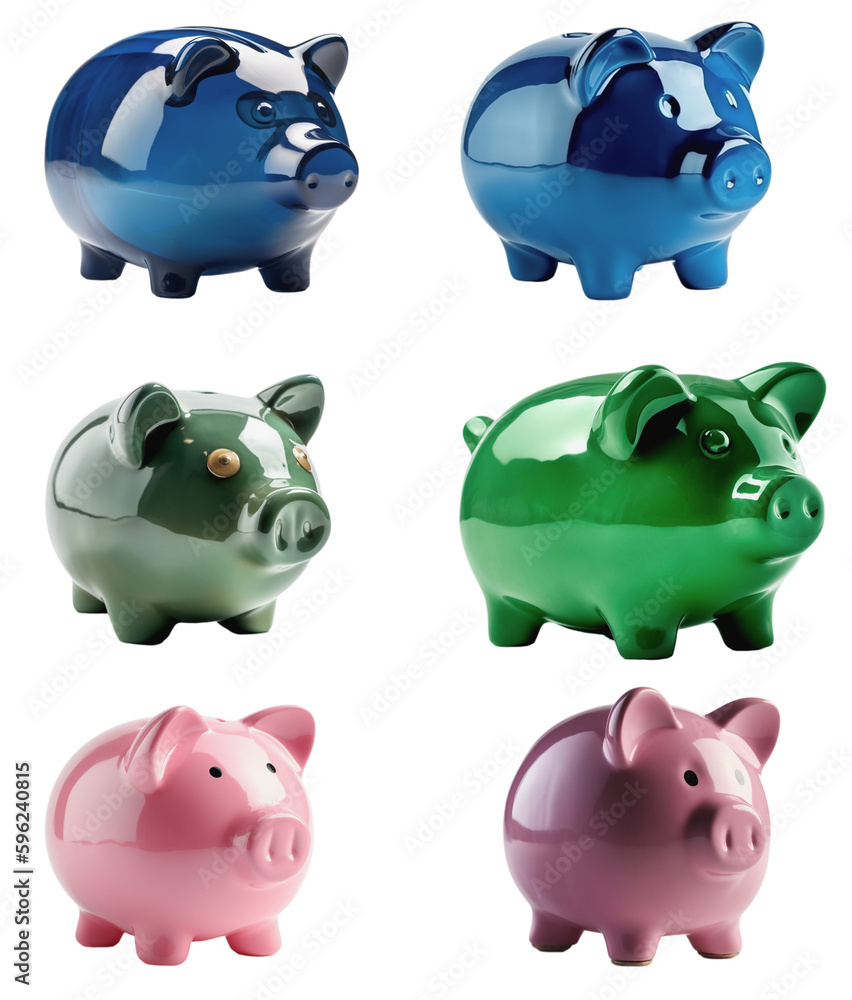 Six different piggy banks in the colors pink, blue and green on a ...