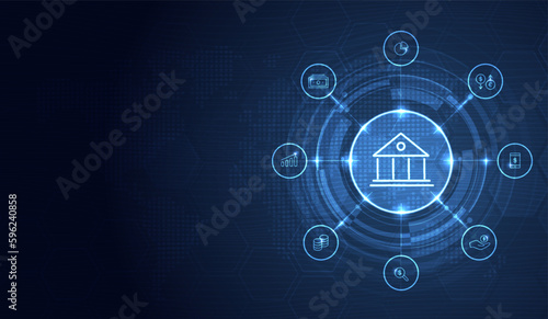 Banking and Finance concept. digital connect system. Financial and Banking technology with integrated circles, glowing line icons and on blue background. vector design.