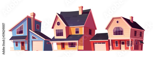 Suburban house building exterior village cartoon vector icon set. Cottage home illustration isolated on white background. Modern real estate family villa apartment with garage in countryside
