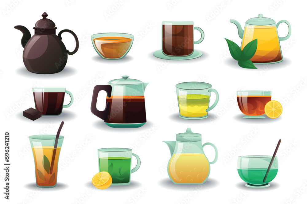 Concept Tea collection. A set of flat cartoon designs showcasing various tea varieties, served in different cups and teapots, all presented on a white background. Vector illustration. Concept Tea collection. A set of flat cartoon designs showcasing various tea varieties, served in different cups and teapots, all presented on a white background. Vector illustration.