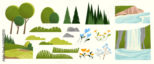 Nature and landscape set. Collection of trees, flowers, rocks, stones and bushes. Waterfall and river to create beautiful panoramas. Cartoon flat vector illustrations isolated on white background