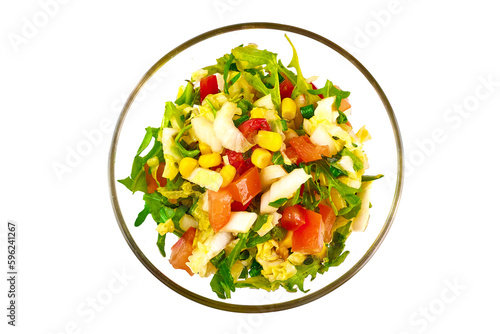 Vegetable salad with feta cheese, tomatoes, isolated on white background. High resolution image.