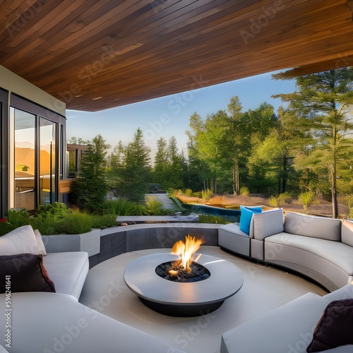 1 An outdoor lounge area with comfortable seating, a fire pit, and a view of the surrounding landscape3, Generative AI photo