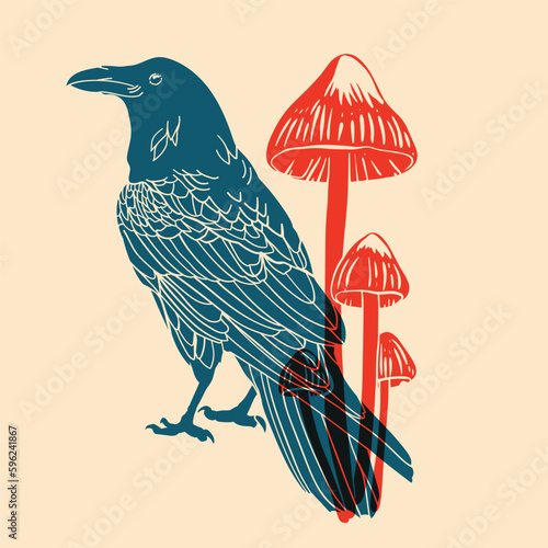 Raven and mushrooms. Colorful cute screen printing effect. Riso print effect. Vector illustration. Graphic element  for fabric, textile, clothing, wrapping paper, wallpaper, poster. 
