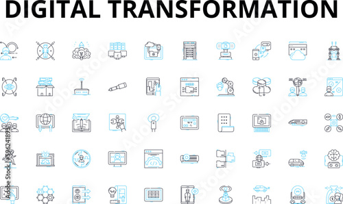 Digital transformation linear icons set. Disruption, Innovation, Agility, Connectivity, Automation, Integration, Optimization vector symbols and line concept signs. Flexibility,Empowerment