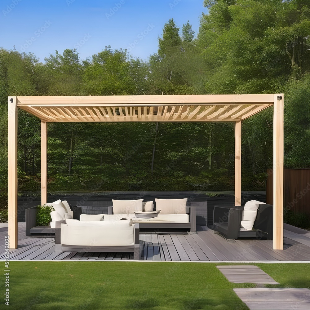 19 A wooden or metal pergola with a retractable canopy for added comfort and protection from the elements3, Generative AI
