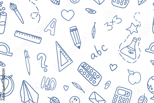 School education. Seamless pattern with doodles. Let's go back to the school drawing of doodles.Paper background, suitable for printing on fabric, wrapper. Vector illustration