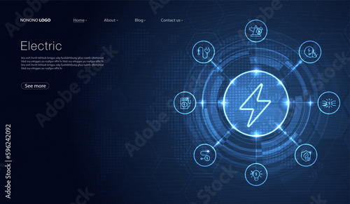 Electric power symbol, lightning bolt sign with icons glowing, green renewable energy concept, futuristic technology with turquoise neon for website, mobile app. vector design.