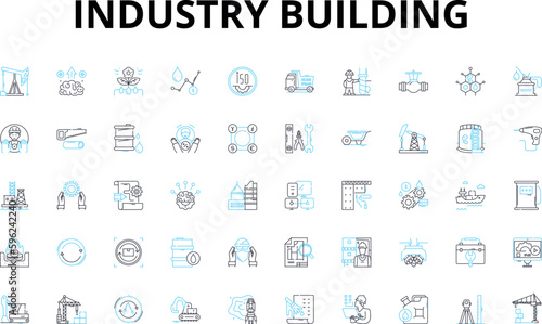 Industry building linear icons set. Construction, Architecture, Contractor, Development, Engineering, Planning, Design vector symbols and line concept signs. Renovation,Foundation,Configuration
